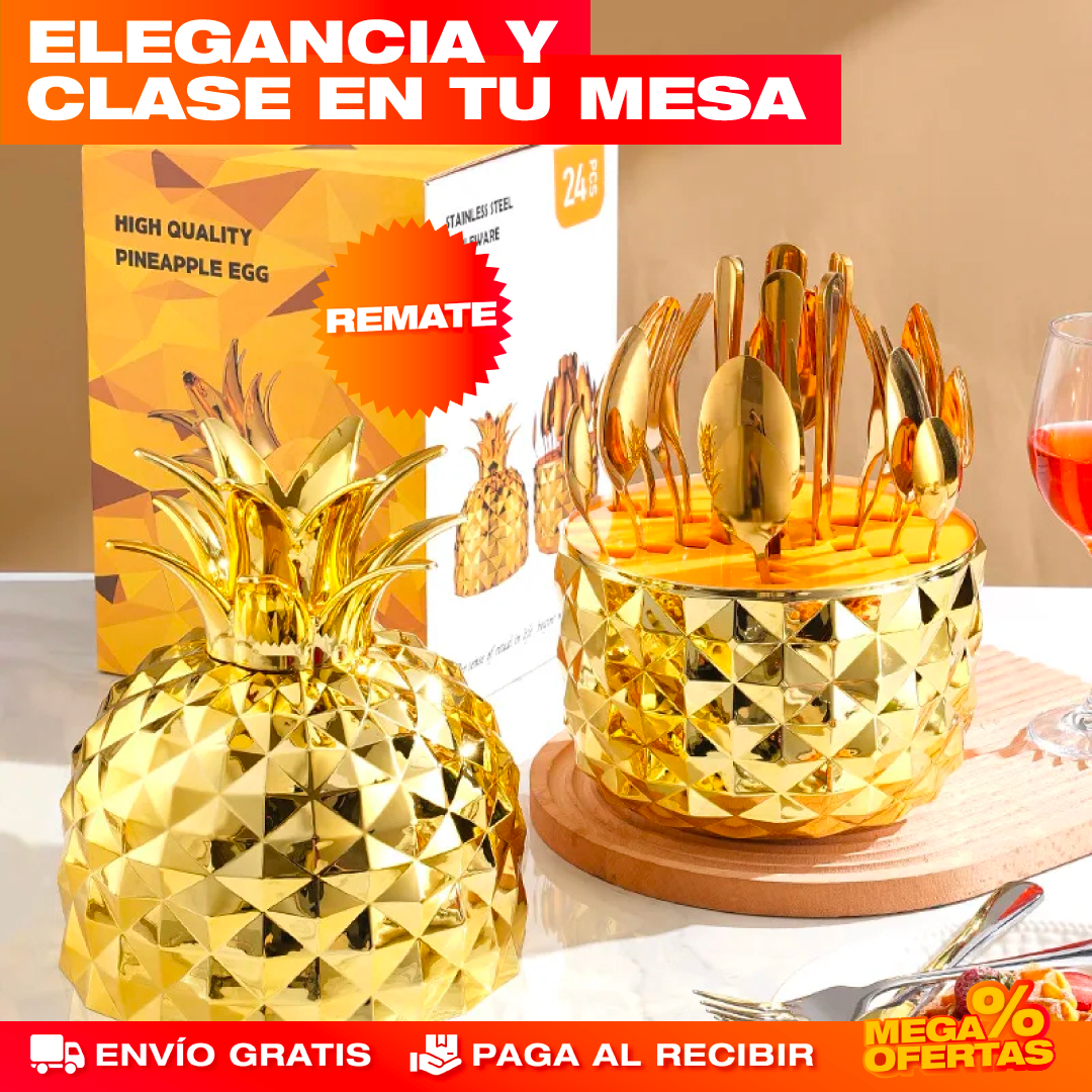 Juego de Cubiertos Dorado Forma de Piña – 24 Piezas