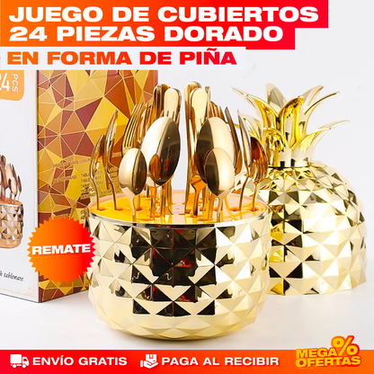 Juego de Cubiertos Dorado Forma de Piña – 24 Piezas