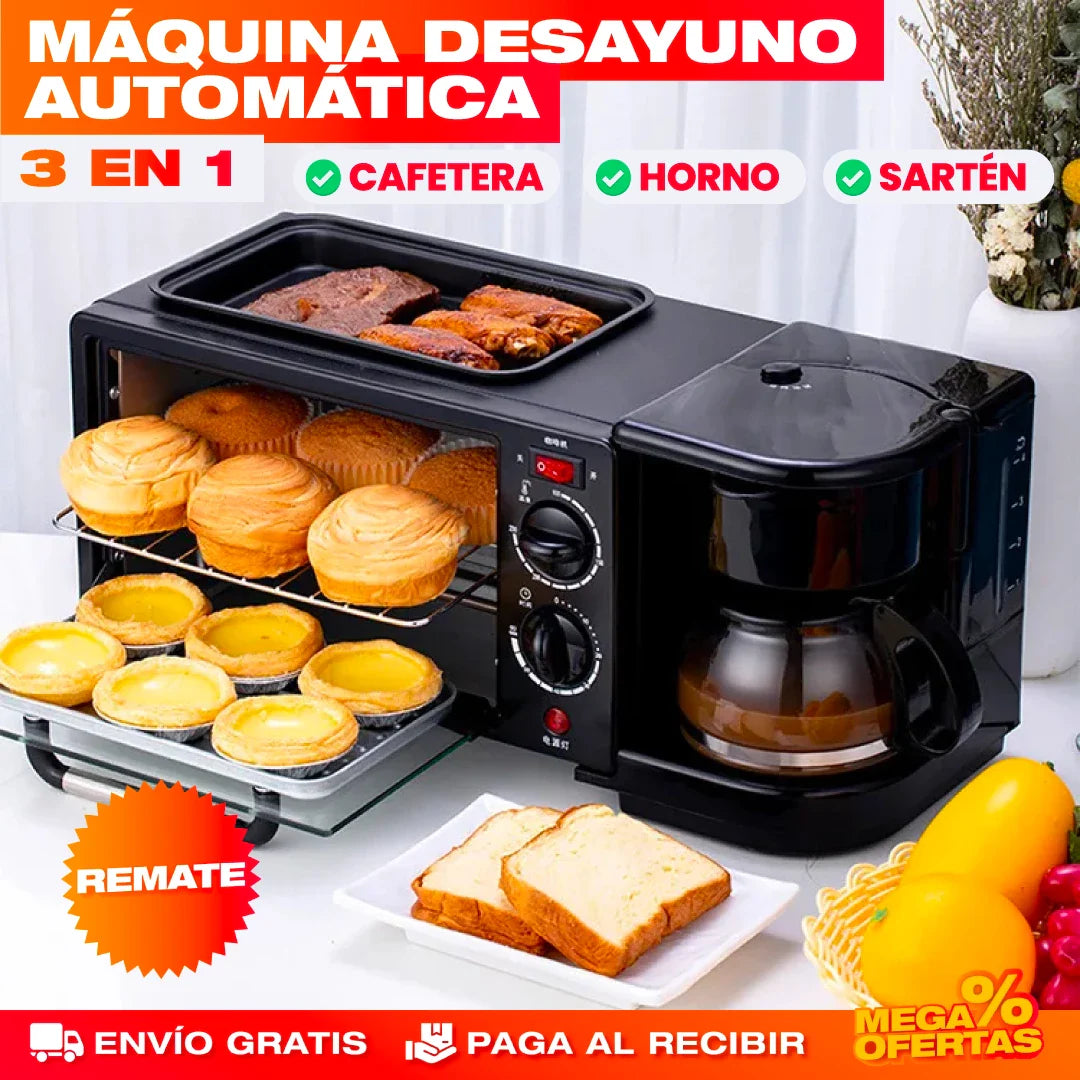 Máquina Desayuno 3 en 1 – Cafetera + Horno + Sartén