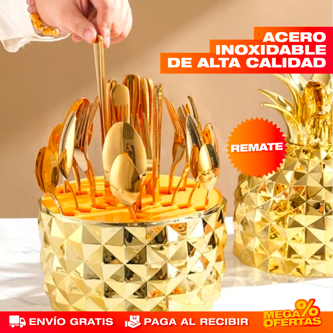 Juego de Cubiertos Dorado Forma de Piña – 24 Piezas