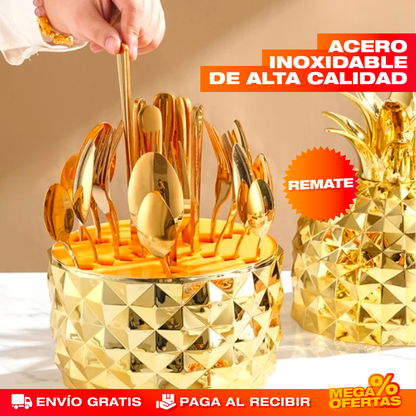 Juego de Cubiertos Dorado Forma de Piña – 24 Piezas