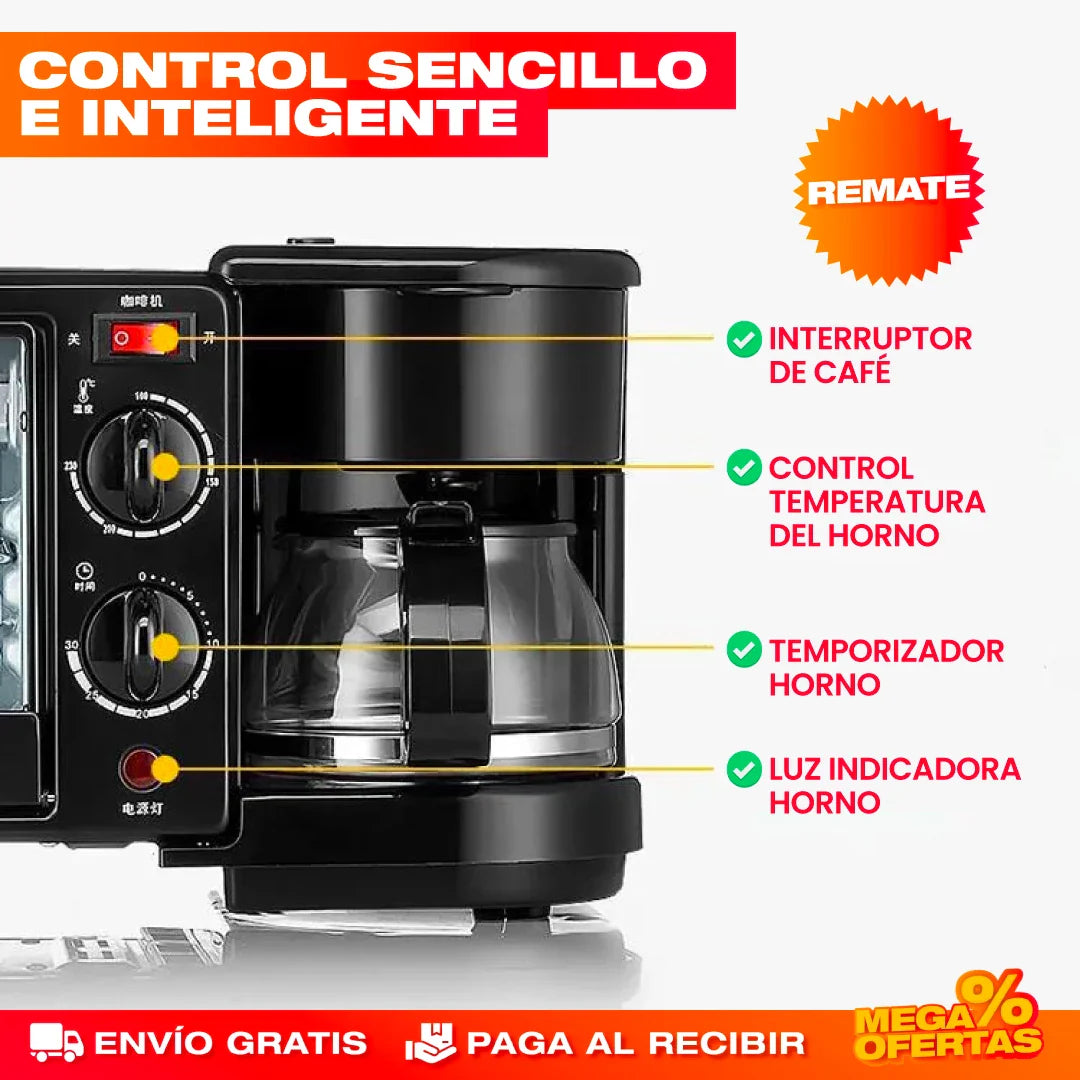 Máquina Desayuno 3 en 1 – Cafetera + Horno + Sartén