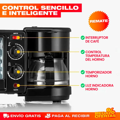 Máquina Desayuno 3 en 1 – Cafetera + Horno + Sartén