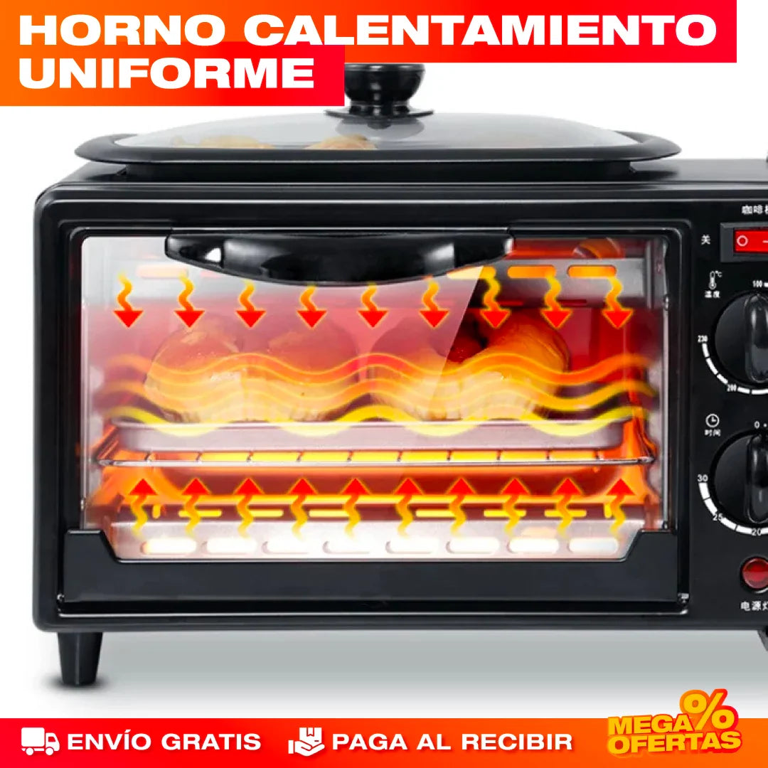 Máquina Desayuno 3 en 1 – Cafetera + Horno + Sartén
