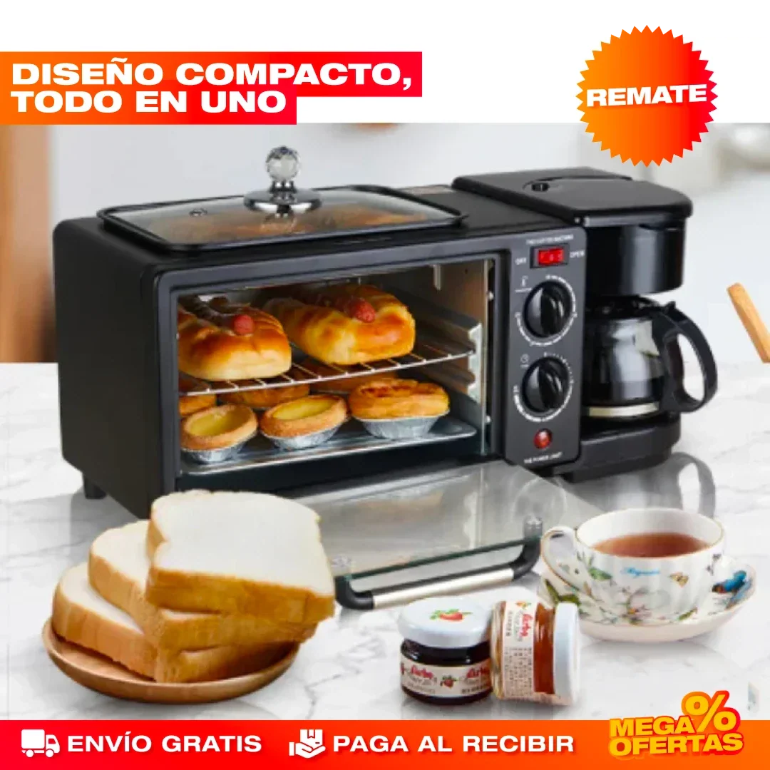 Máquina Desayuno 3 en 1 – Cafetera + Horno + Sartén