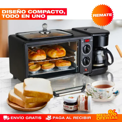 Máquina Desayuno 3 en 1 – Cafetera + Horno + Sartén