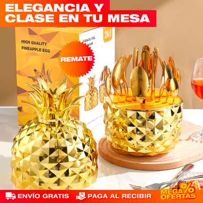 Juego de Cubiertos Dorado Forma de Piña – 24 Piezas
