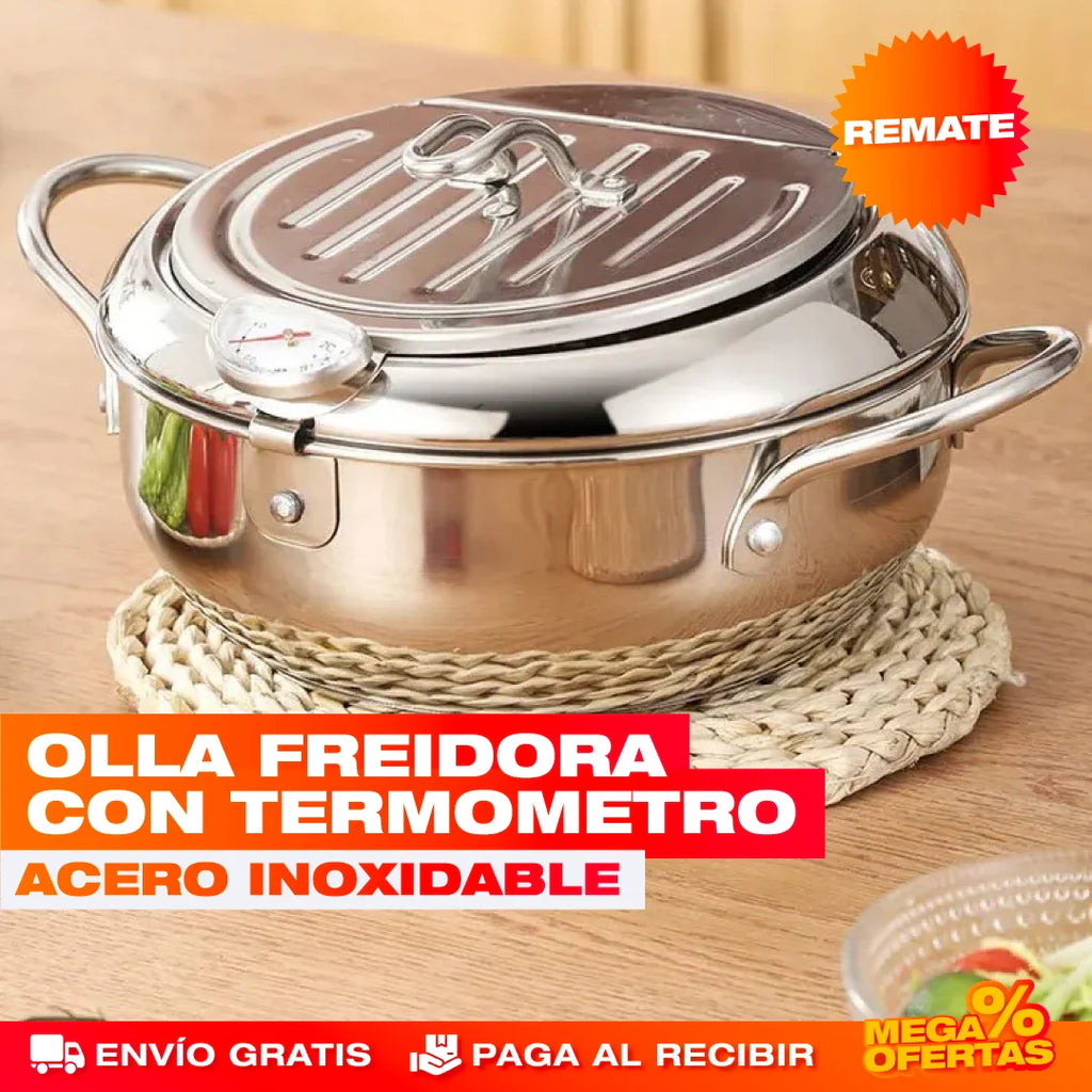 Olla Freidora con Termómetro de Acero Inoxidable