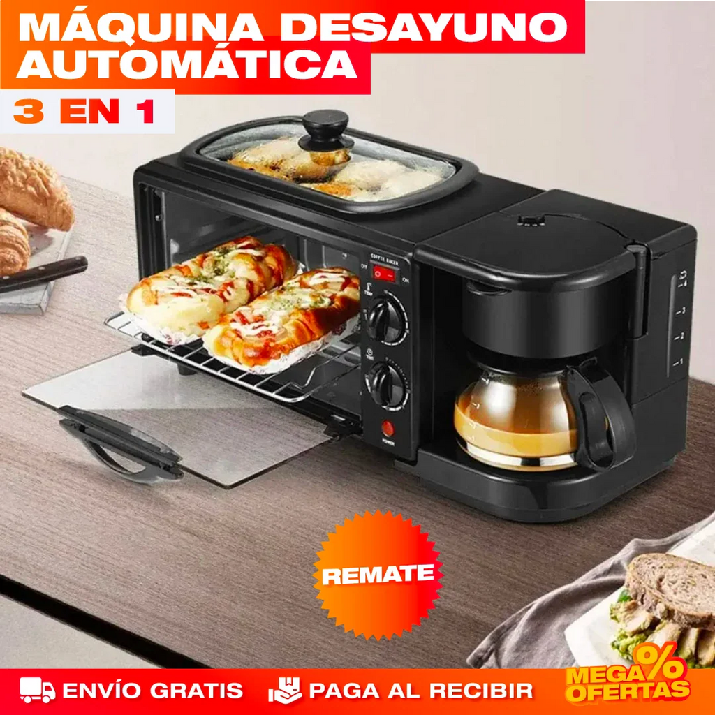 Máquina Desayuno 3 en 1 – Cafetera + Horno + Sartén