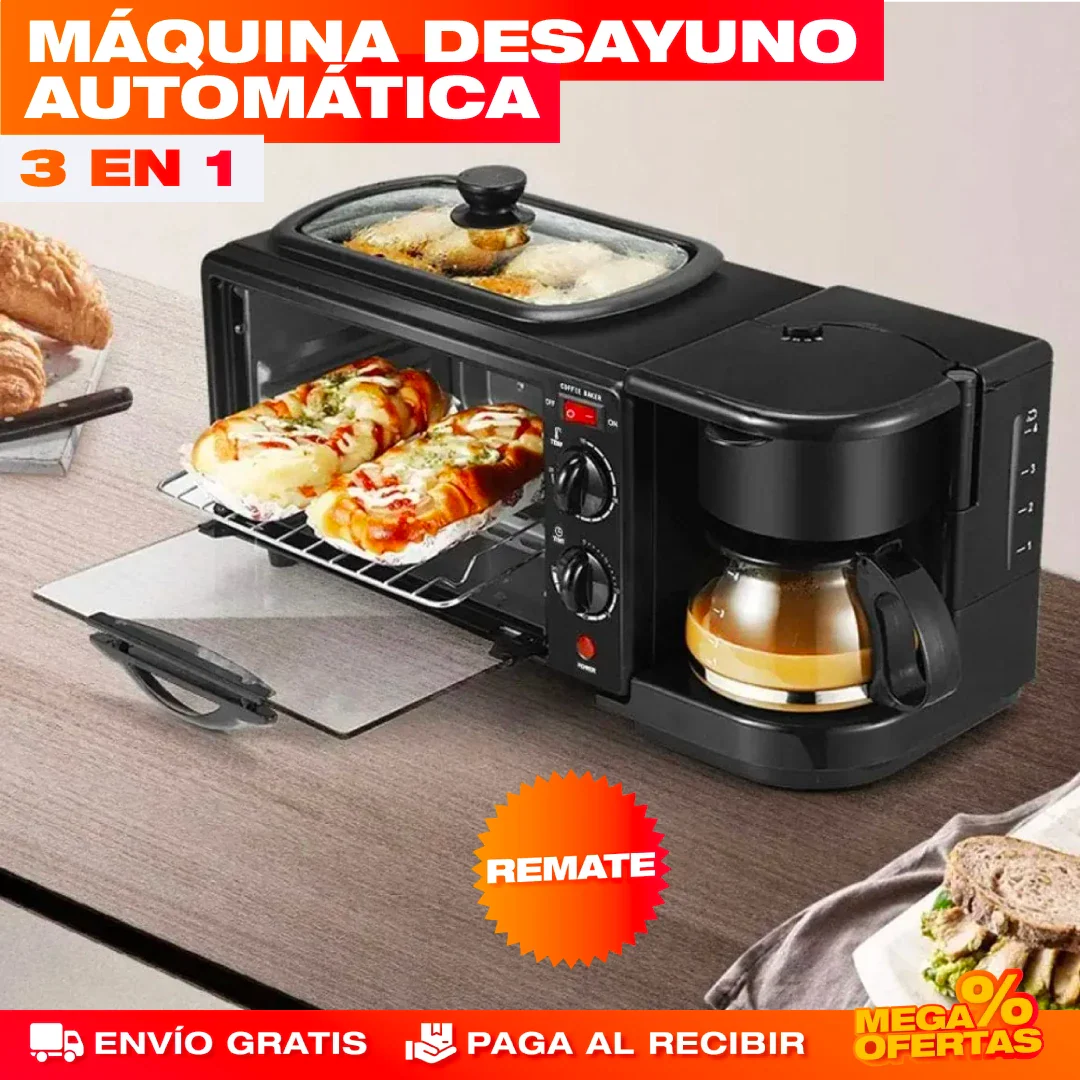 Máquina Desayuno 3 en 1 – Cafetera + Horno + Sartén