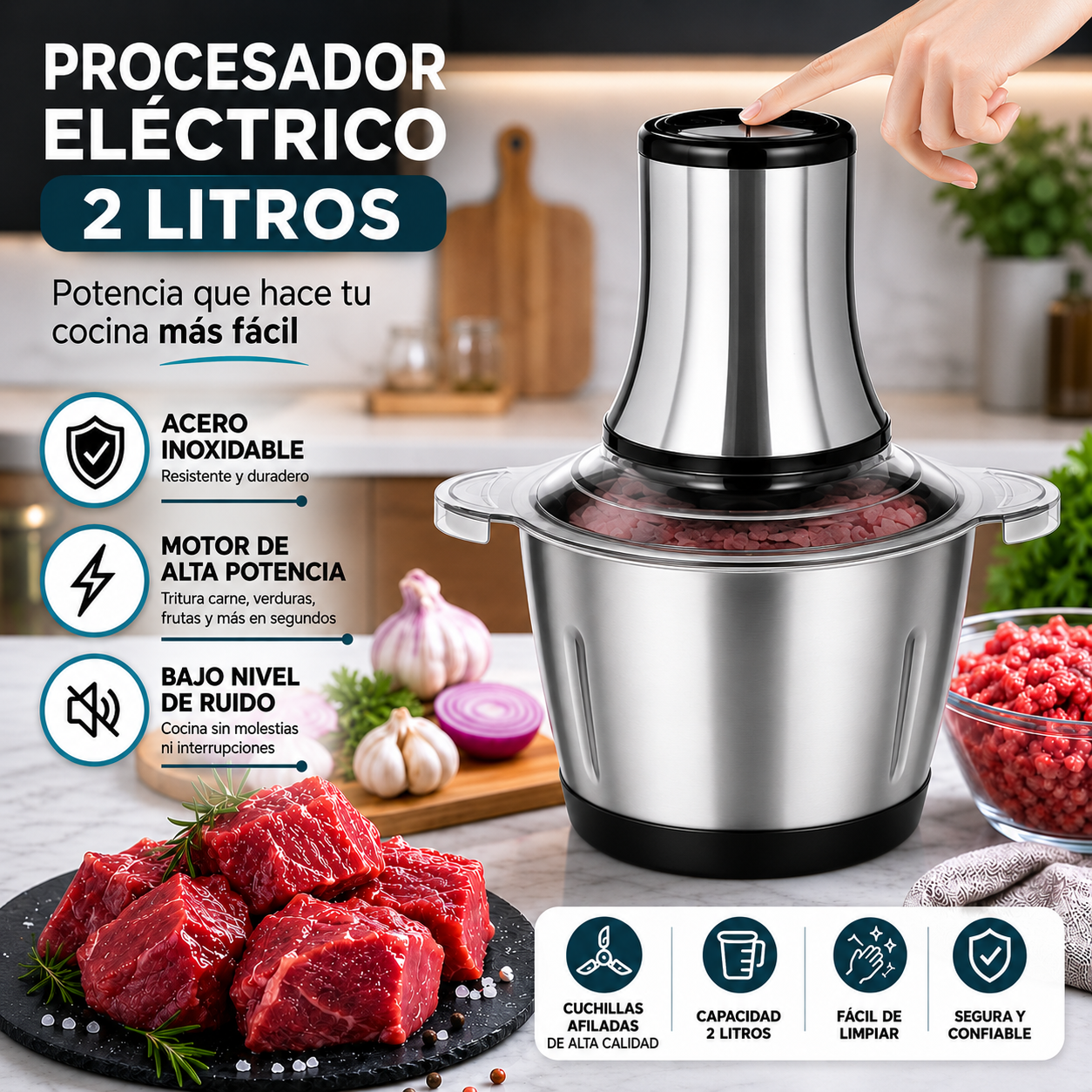 Procesador Eléctrico Acero inoxidable 2 Litros - Tamaño Grande