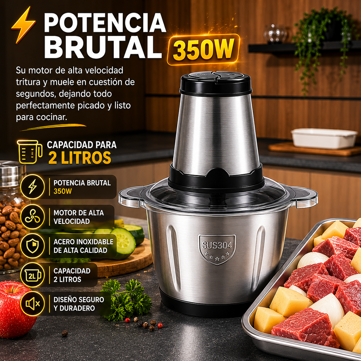 Procesador Eléctrico Acero inoxidable 2 Litros - Tamaño Grande