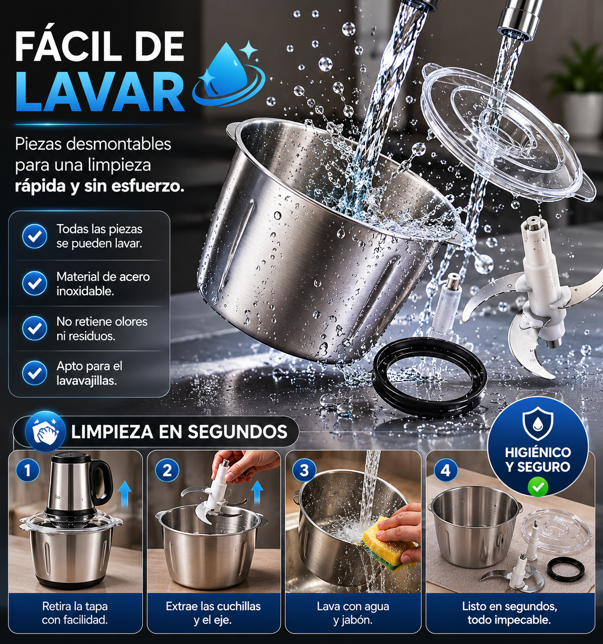 Procesador Eléctrico Acero inoxidable 2 Litros - Tamaño Grande